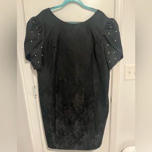 Vintage Black Dress AfterDark with Pearl sleeve details and floral fabric